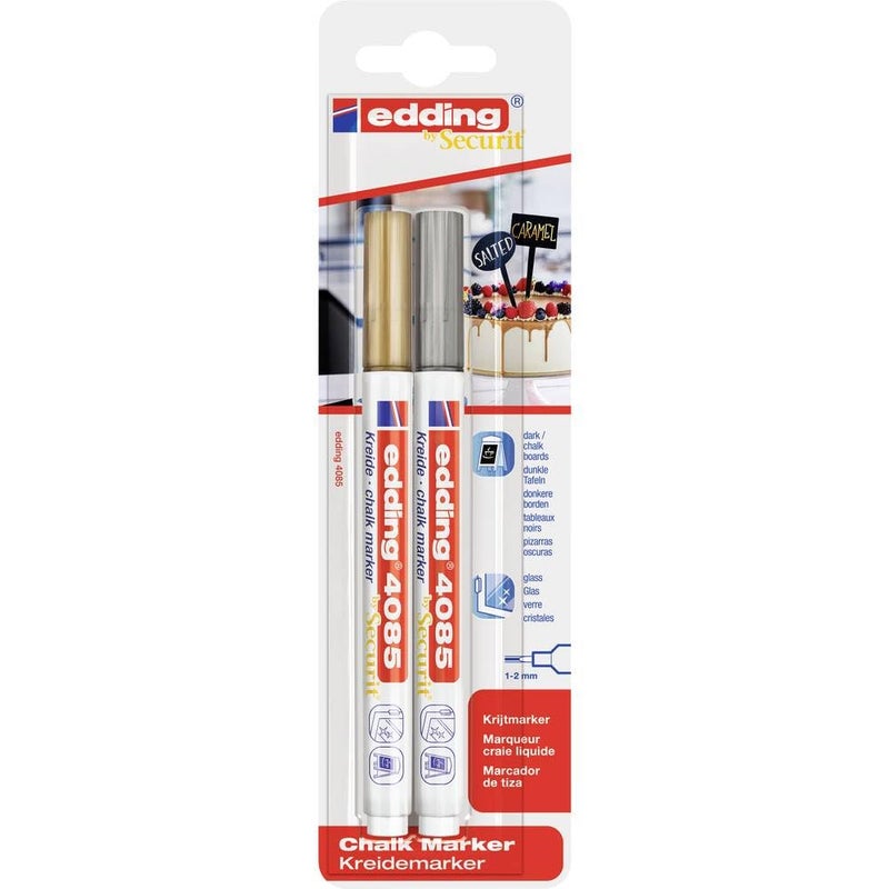 edding 4085 chalk marker - gold, silver - 2 chalk pens - round nib 1-2 mm - fine-nib wet wipe pen for chalkboards, windows, glass, mirrors - liquid chalk marker pens for opaque coverage - Image 1